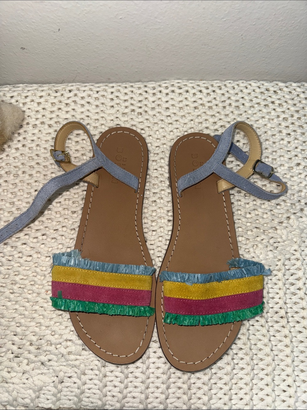 Mini Boden Light Blue Ankle-Strap Sandals with Multicolor Fringe